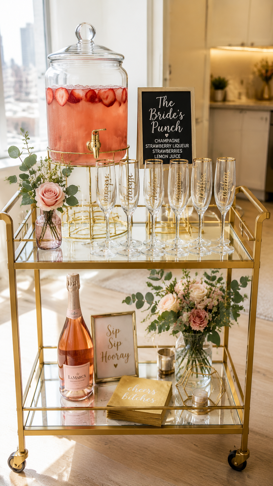 bachelorette-party-drink-station-gold-bar-cart-champagne-punch-bride