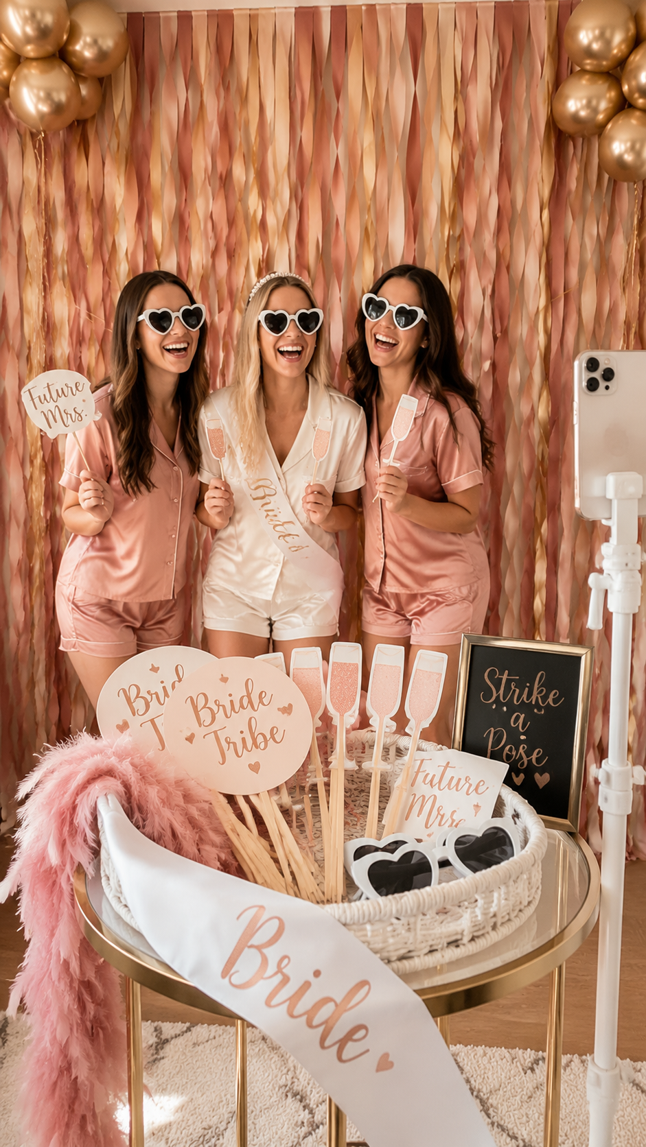 bachelorette-party-photo-booth-corner-props-bride-tribe-sash-streamer-backdrop