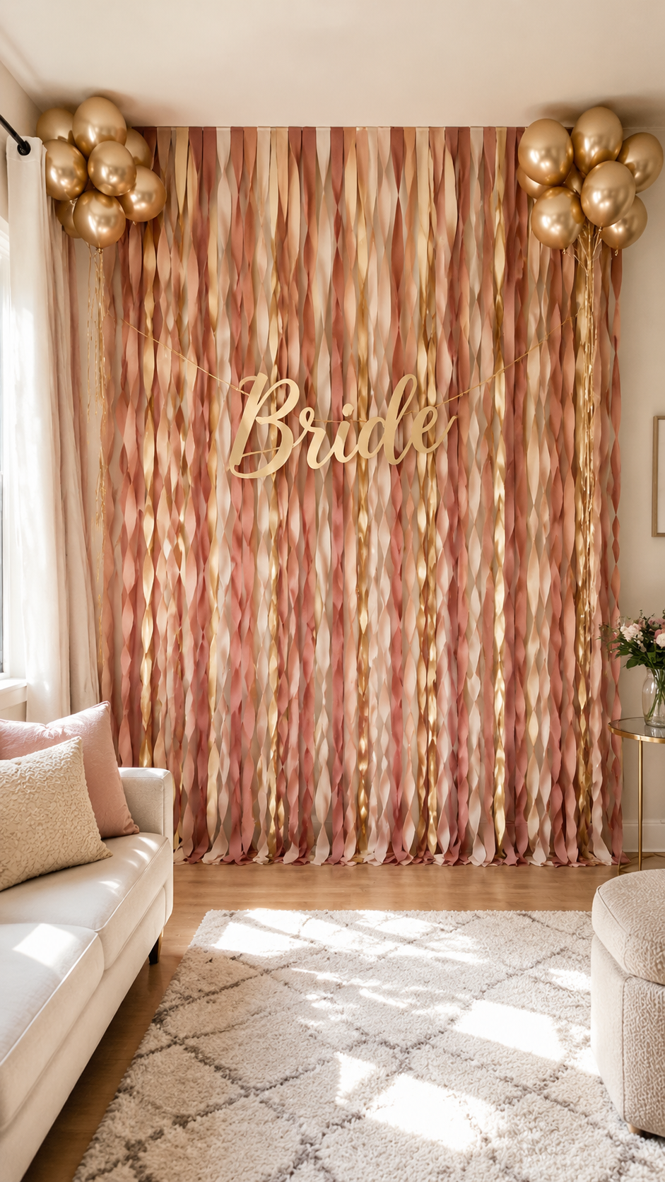bachelorette-party-streamer-backdrop-dusty-rose-blush-gold-chevron-airbnb