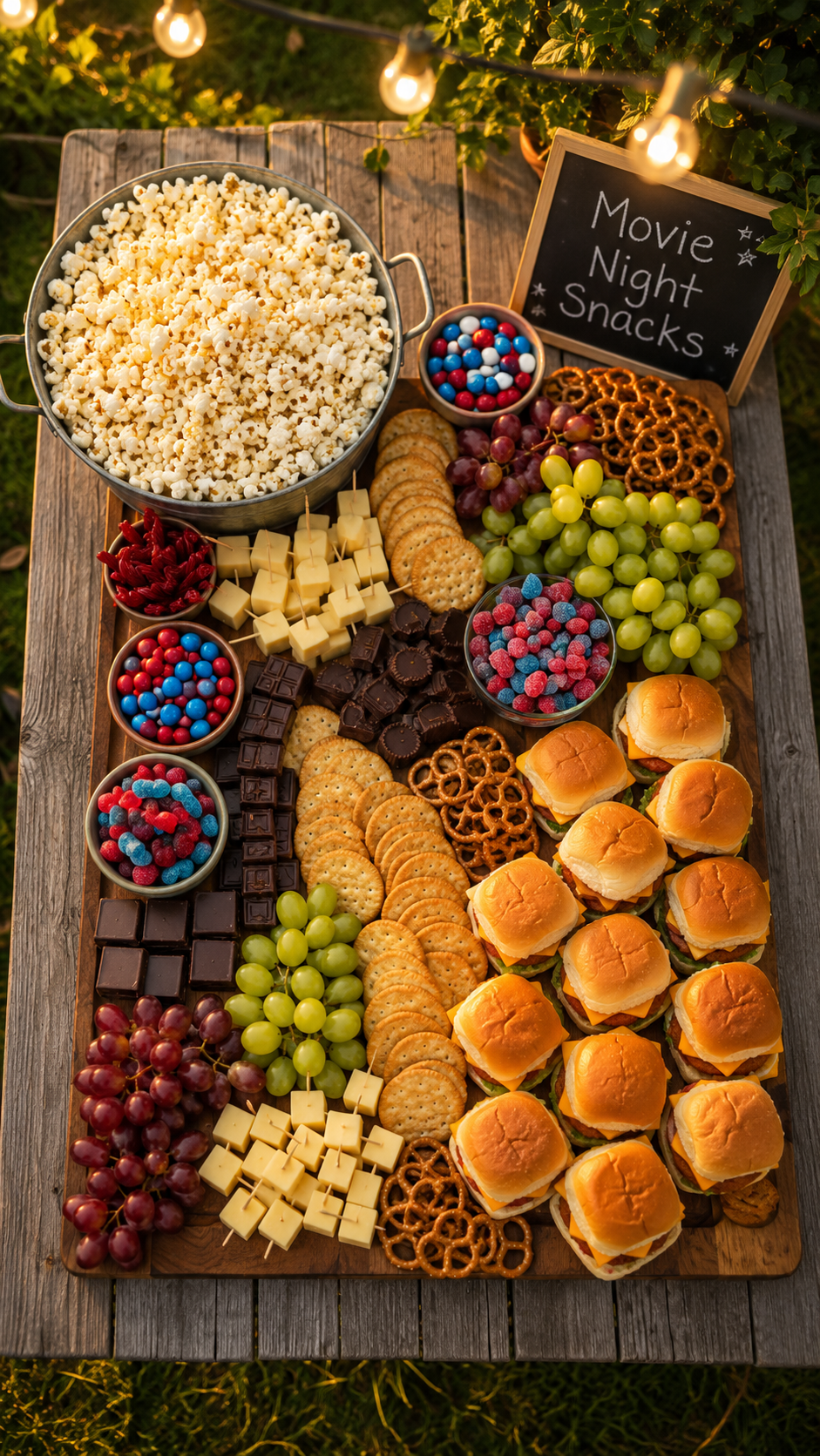 backyard-movie-night-grazing-board-popcorn-sliders-cheese-candy