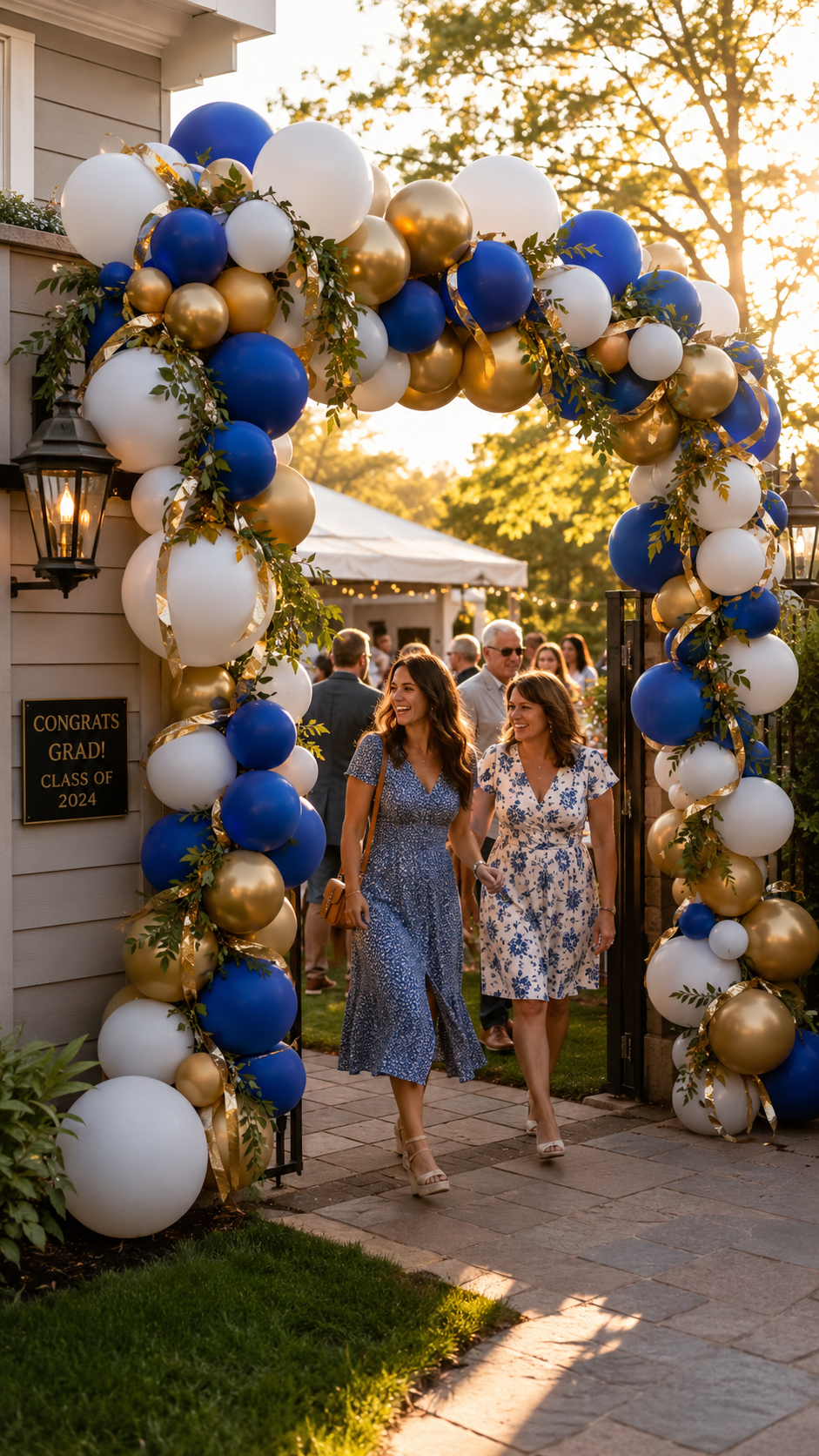 balloon-arch-entrance-graduation-party-royal-blue-gold-white-garden-gate