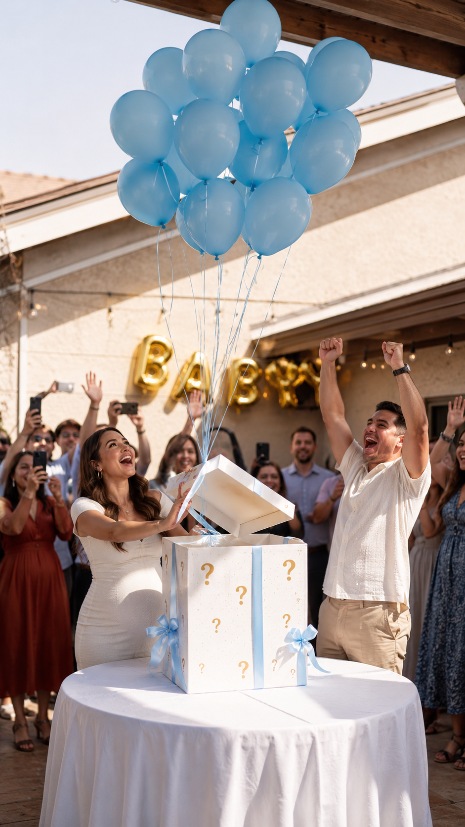 balloon-box-gender-reveal-pink-balloons-floating-patio-crowd-reaction 2