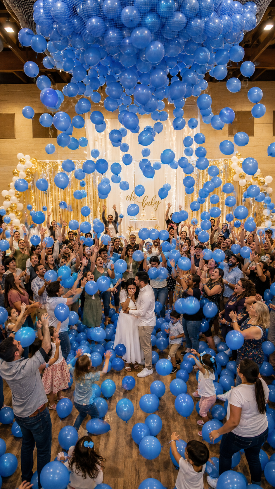 balloon-drop-gender-reveal-pink-balloons-cascade-ceiling-crowd-indoor