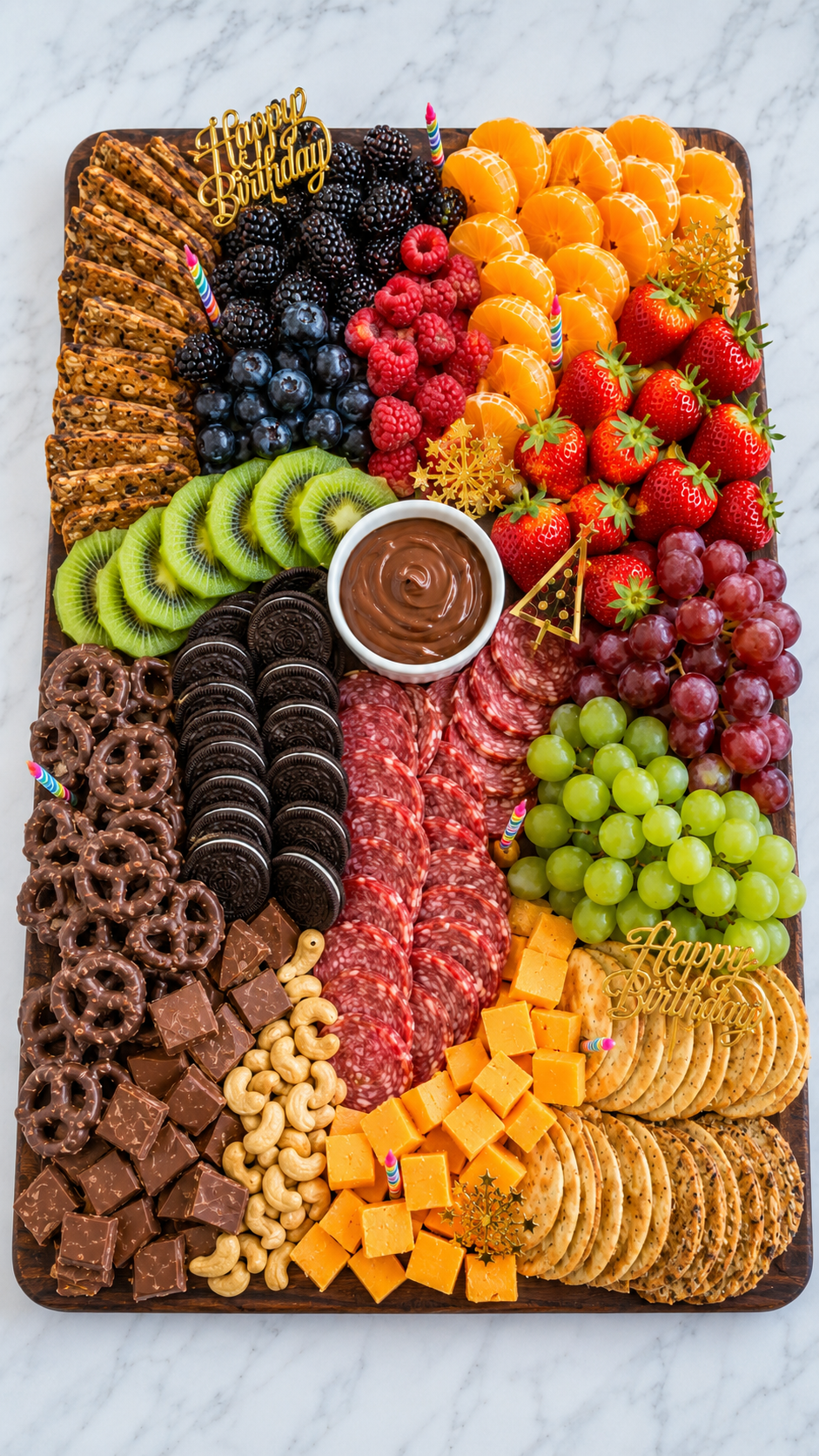 birthday-party-grazing-board-colorful-festive-fruit-chocolate-pretzels