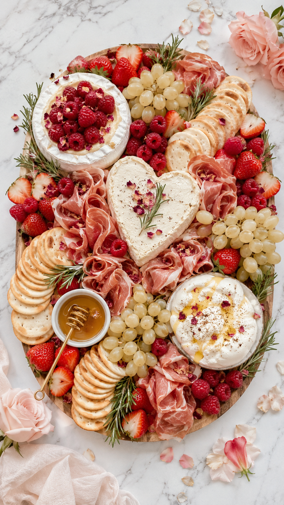 bridal-shower-grazing-board-brie-burrata-heart-cream-cheese-prosciutto