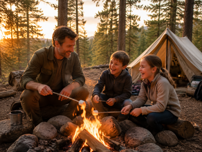 camping-activities-for-kids-family-campfire-golden-hour