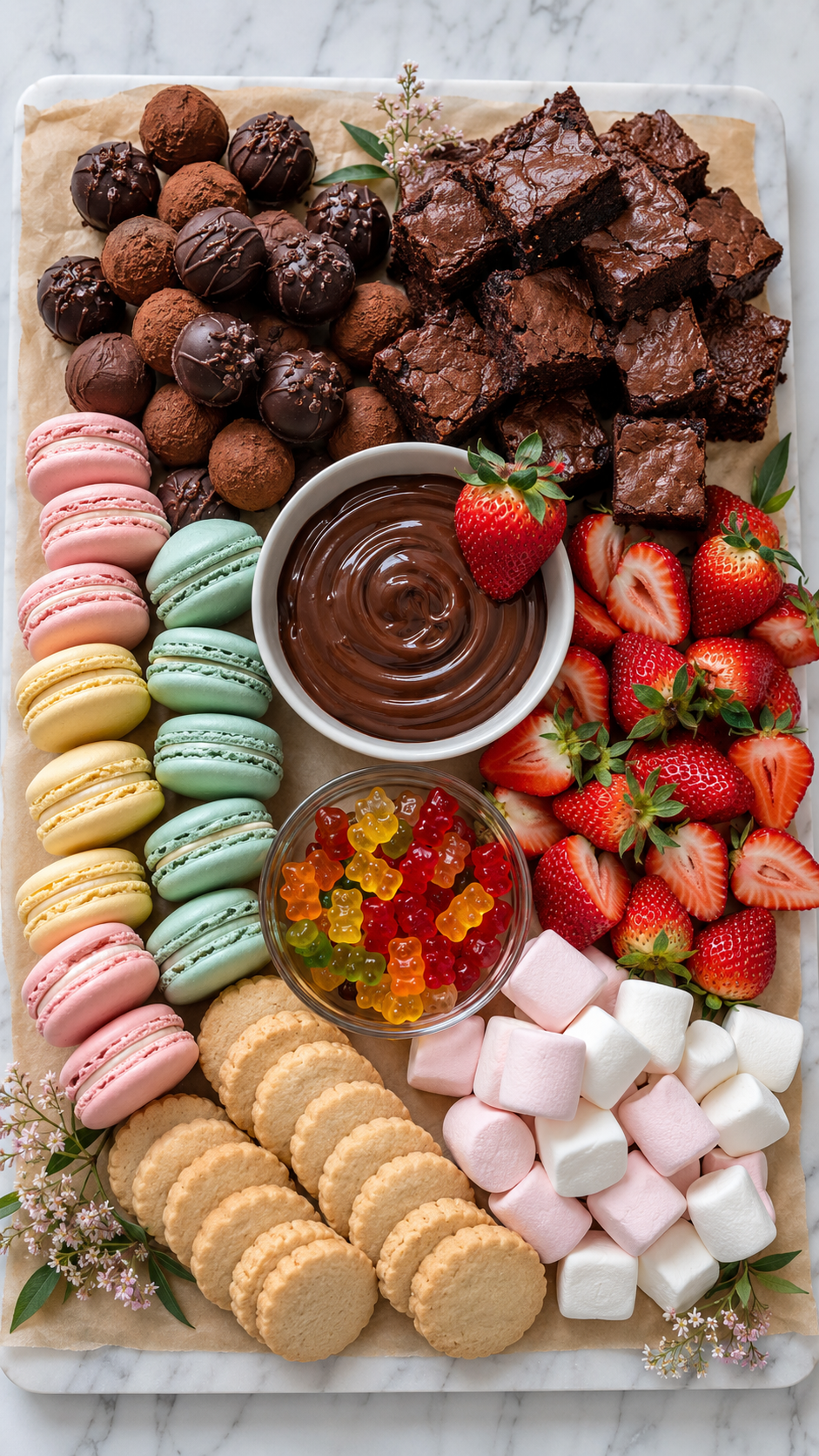 dessert-grazing-board-macarons-truffles-brownies-strawberries-marshmallows