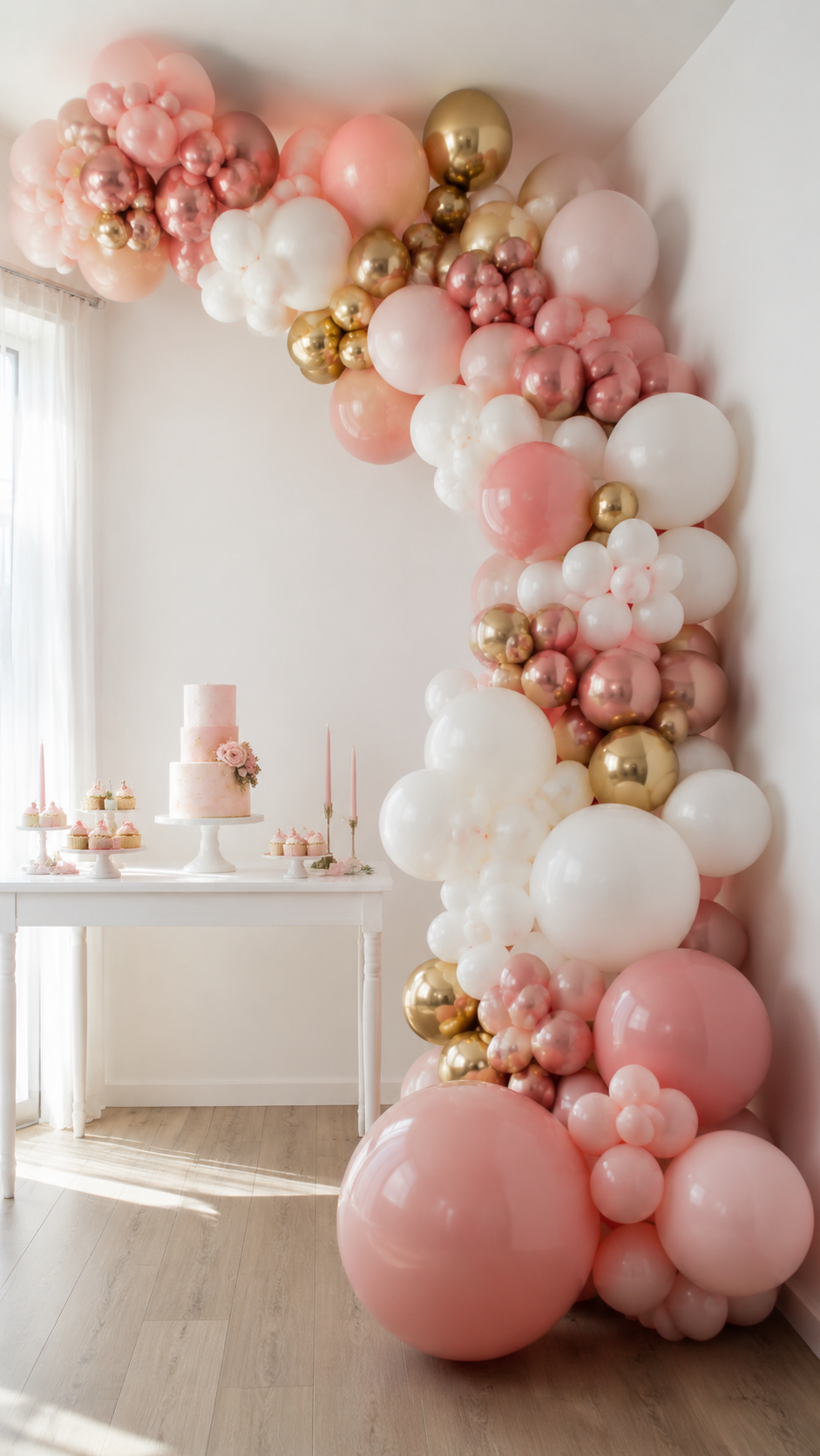 diy-balloon-arch-backdrop-blush-rose-gold-white-bridal-shower-themes 