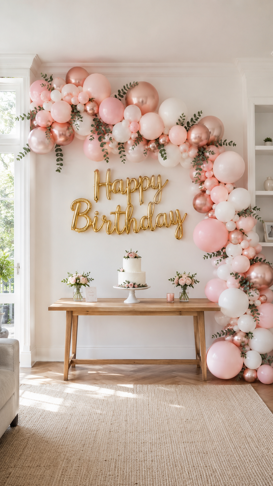 diy-balloon-garland-backdrop-blush-rose-gold-birthday-party