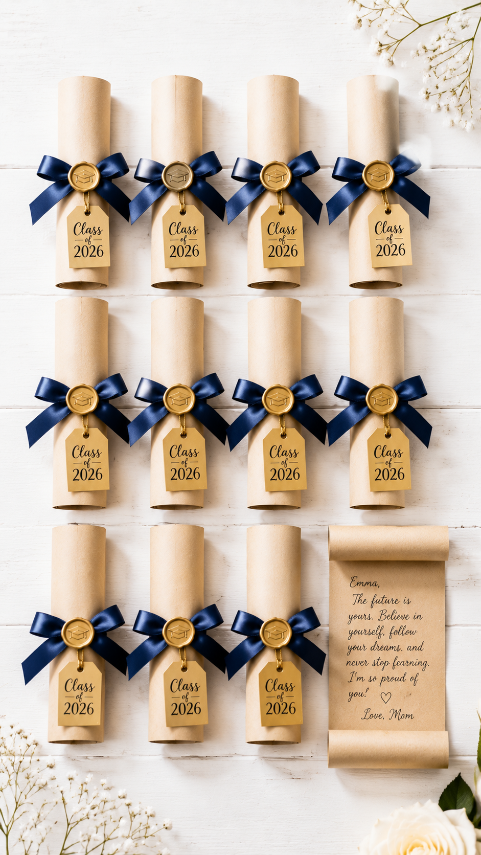 diy-diploma-scroll-favors-kraft-paper-navy-ribbon-gold-wax-seal-graduation