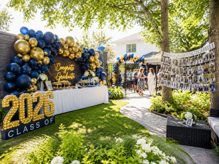 diy-graduation-party-decorations-hero-backyard-navy-gold-balloon-garland