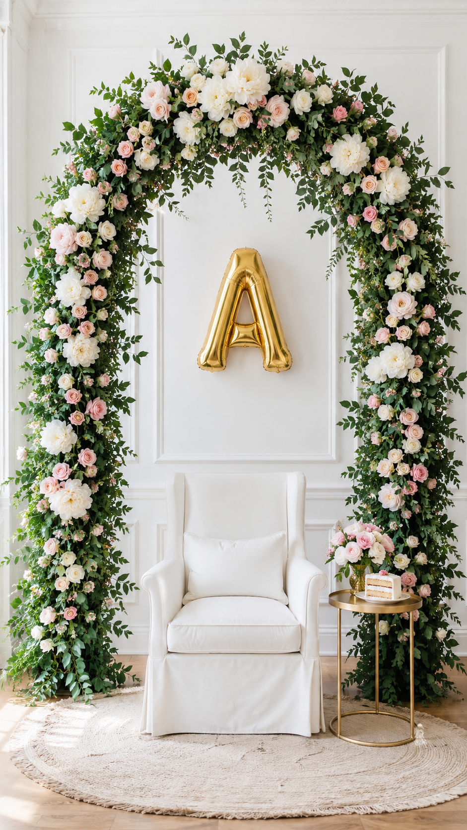 diy-greenery-floral-arch-backdrop-white-peonies-blush-roses-birthday