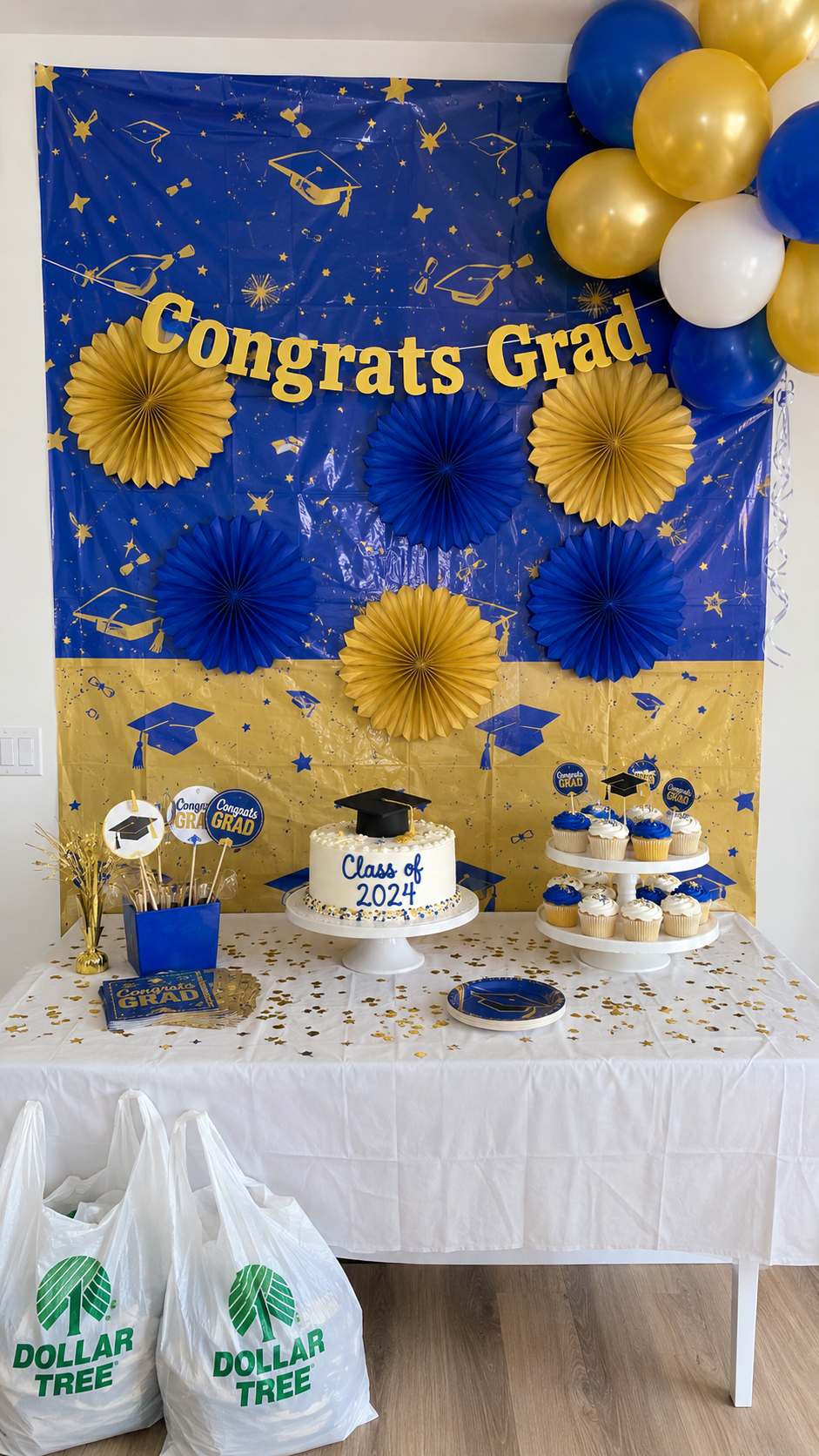 dollar-store-graduation-decoration-hack-tablecloth-fans-banner-balloons-budget