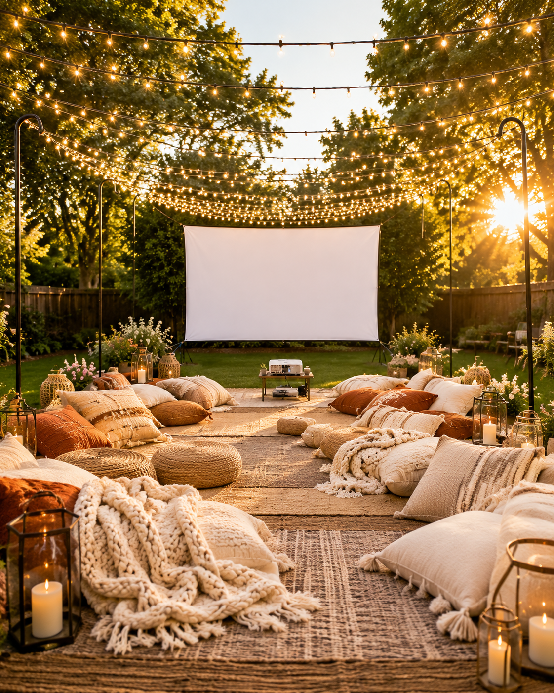 Fairy Light Canopy Seating Area backyard movie night setup ideas