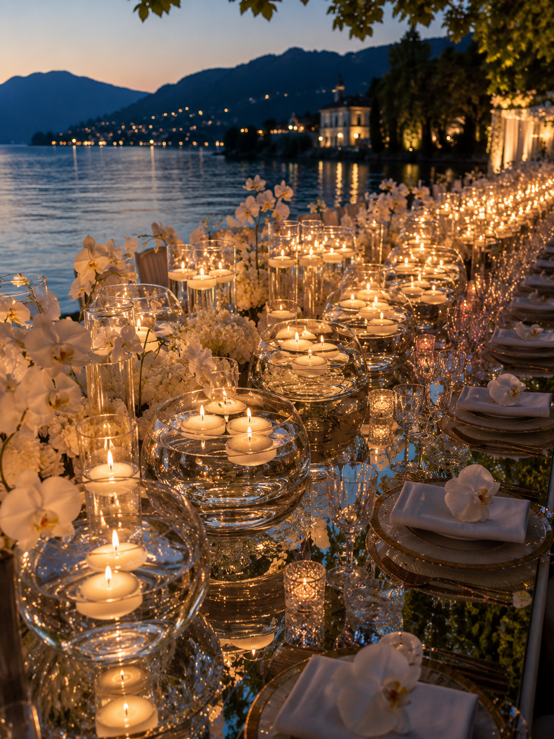 floating-candle-centerpieces-summer-wedding-lakeside