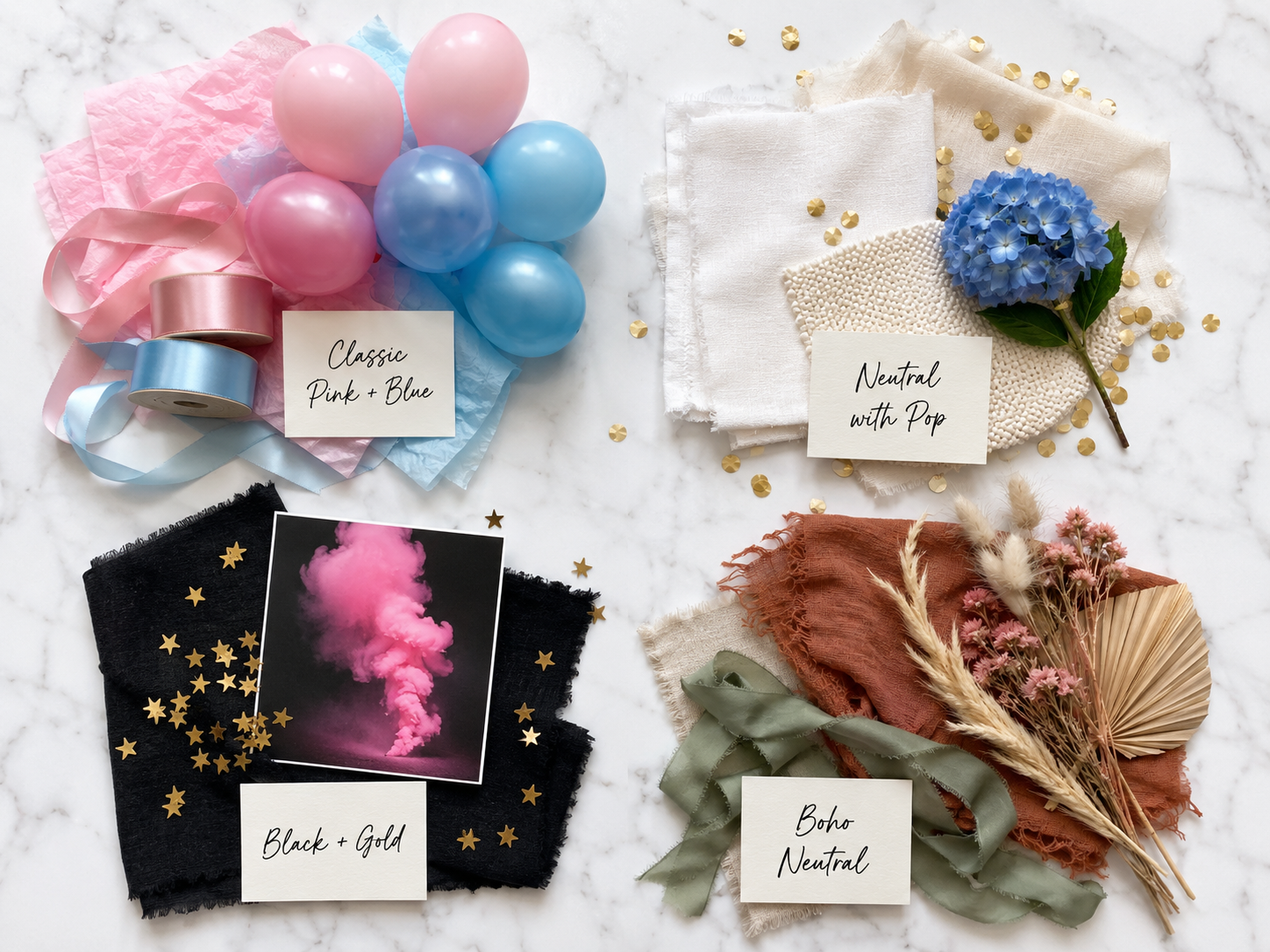 gender-reveal-party-color-palette-options-pink-blue-neutral-gold-boho-flat-lay
