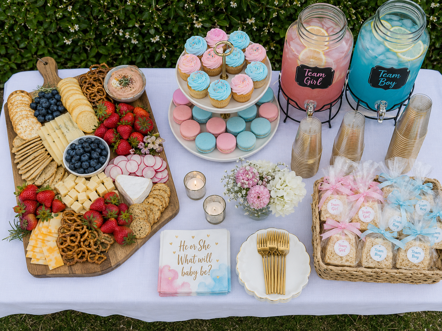 gender-reveal-party-food-spread-cupcakes-macarons-grazing-board-pink-blue-drinks
