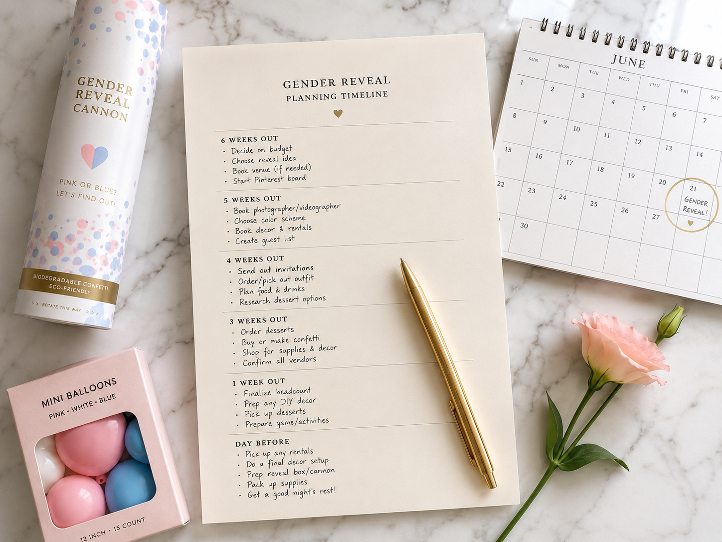 gender-reveal-party-planning-timeline-flat-lay-six-weeks-checklist