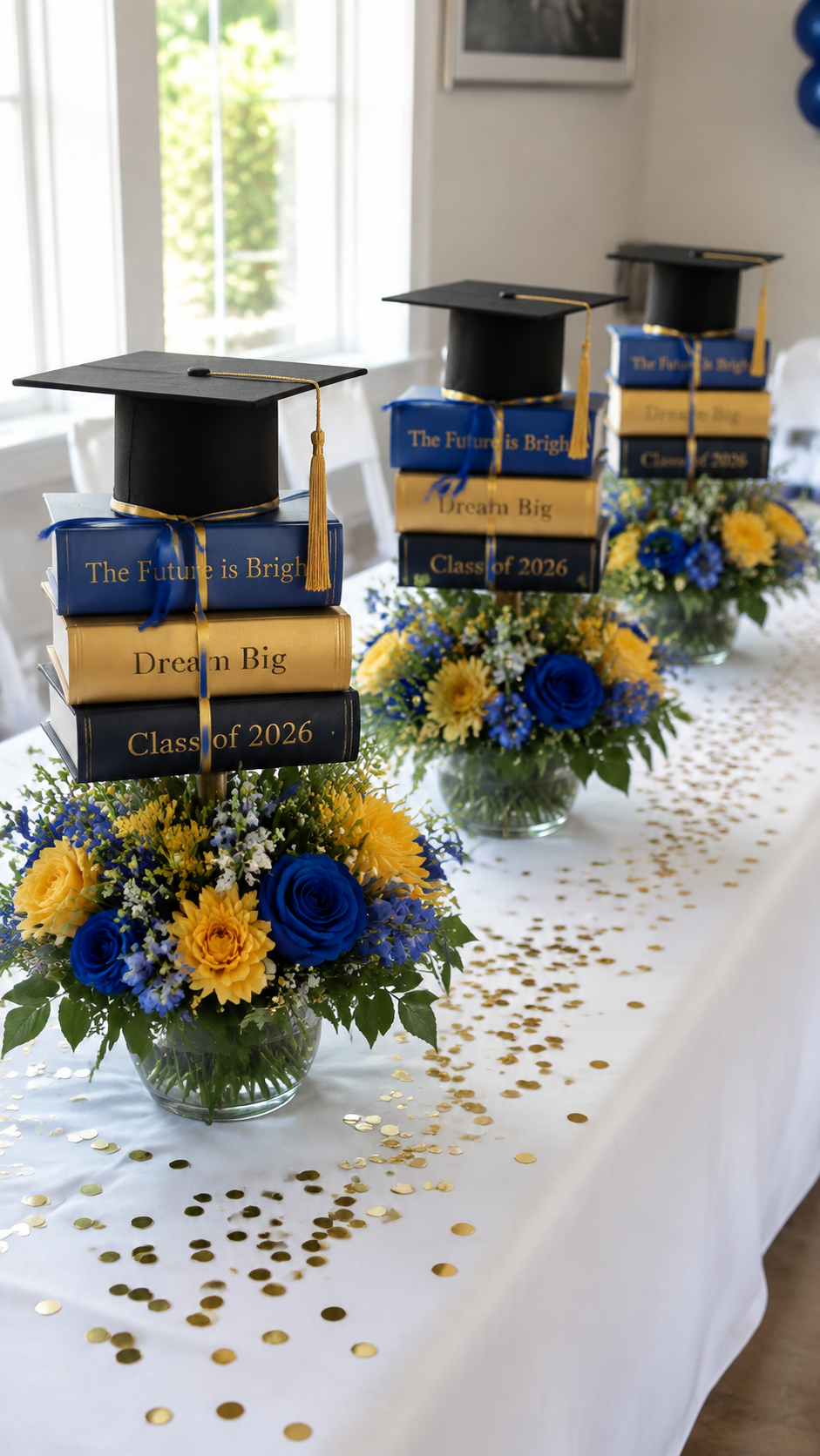 graduation-cap-centerpiece-stacked-books-flowers-school-colors-table