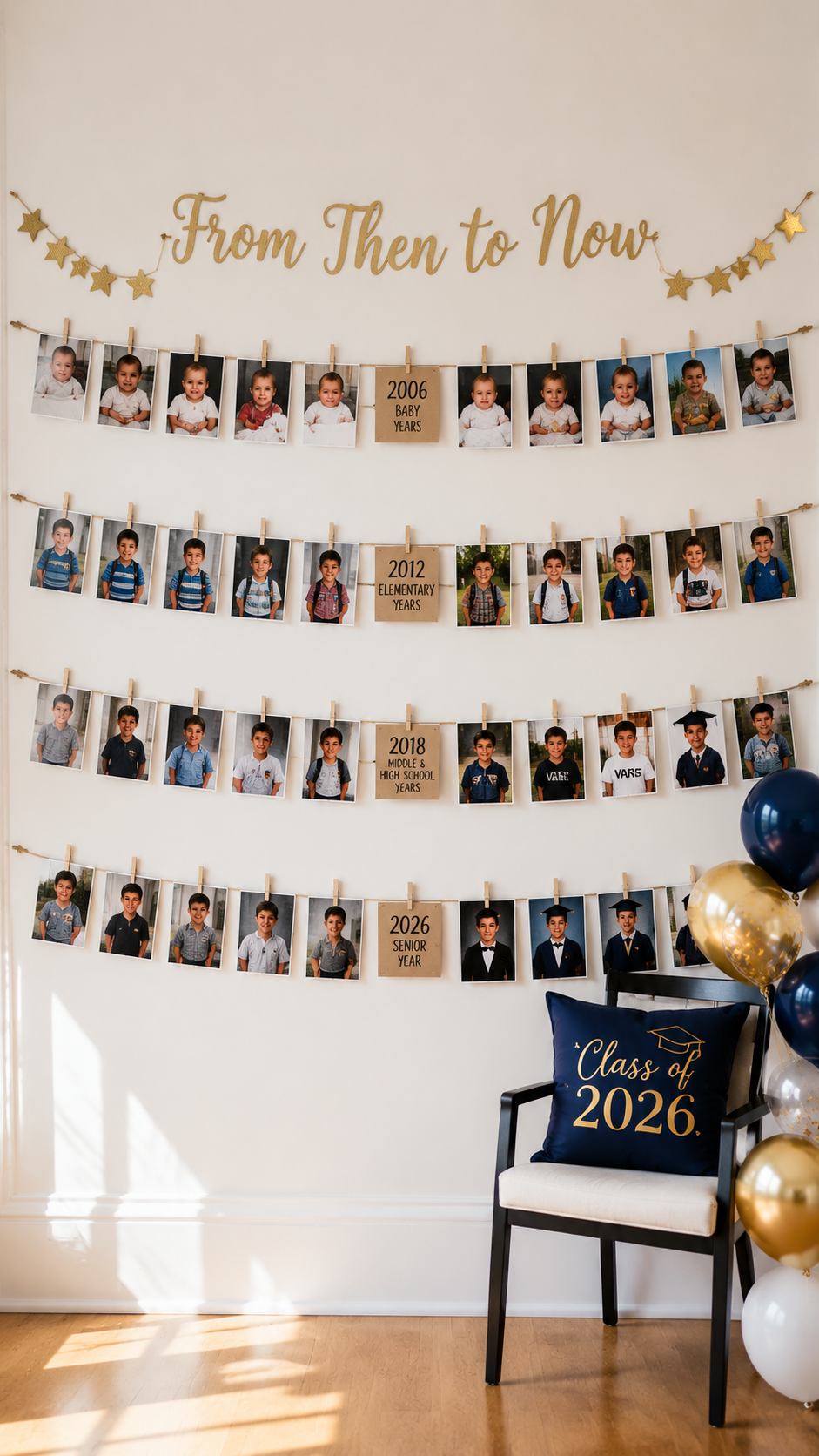 graduation-photo-timeline-display-twine-clothespins-birth-graduation-