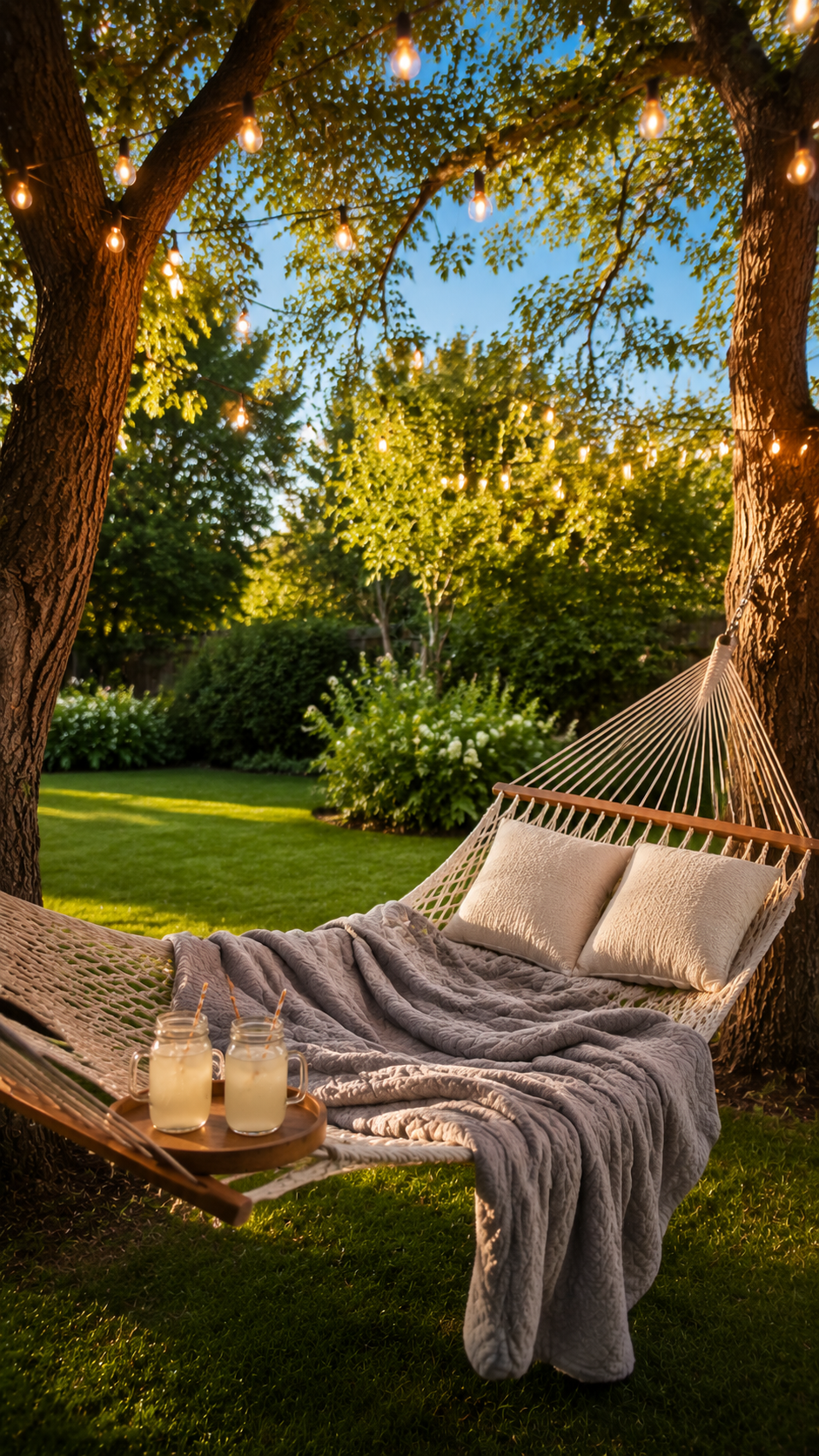 hammock-seating-backyard-movie-night-afternoon-fairy-lights-lemonade