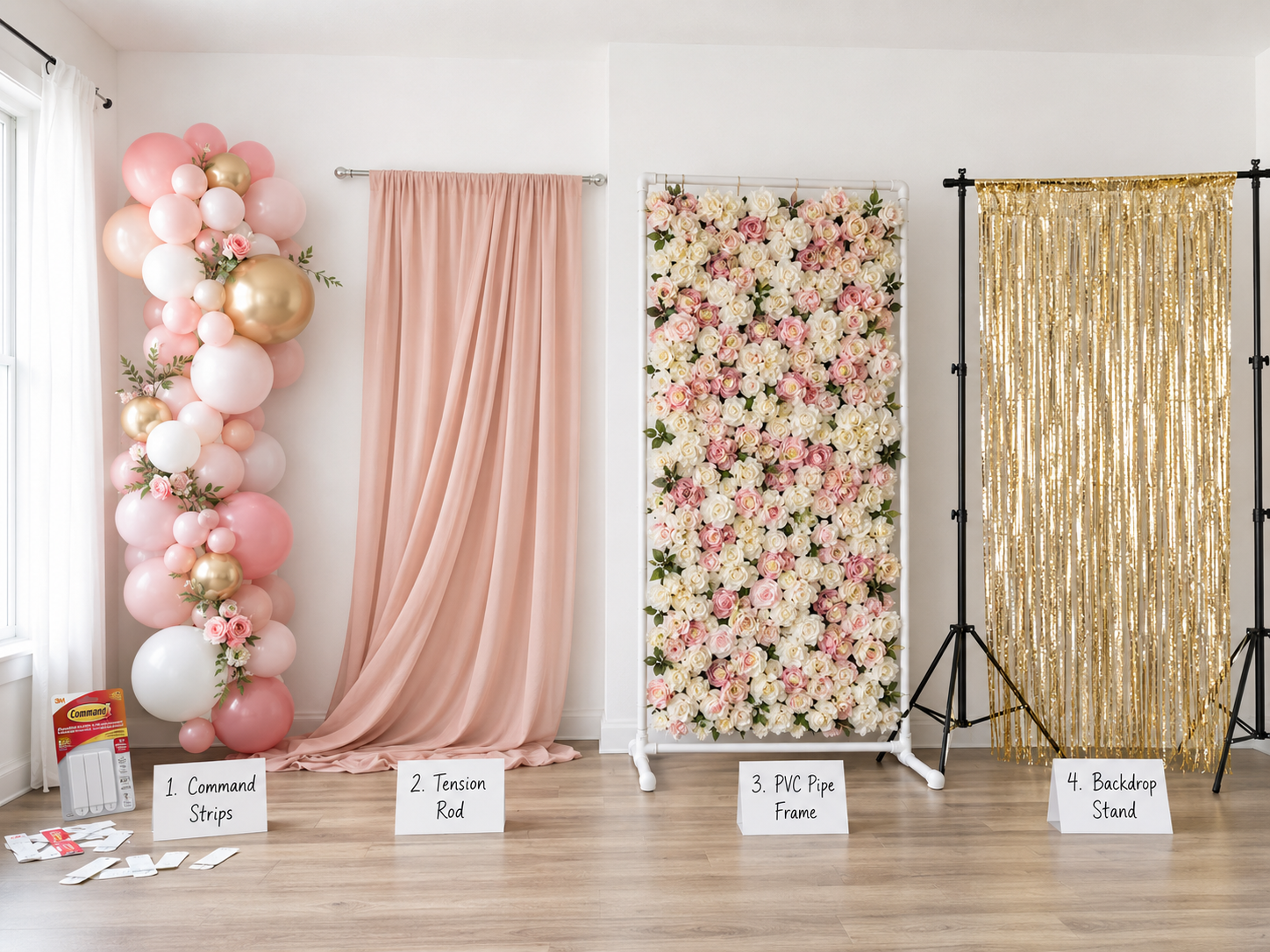how-to-hang-birthday-backdrop-command-strips-tension-rod-pvc-stand