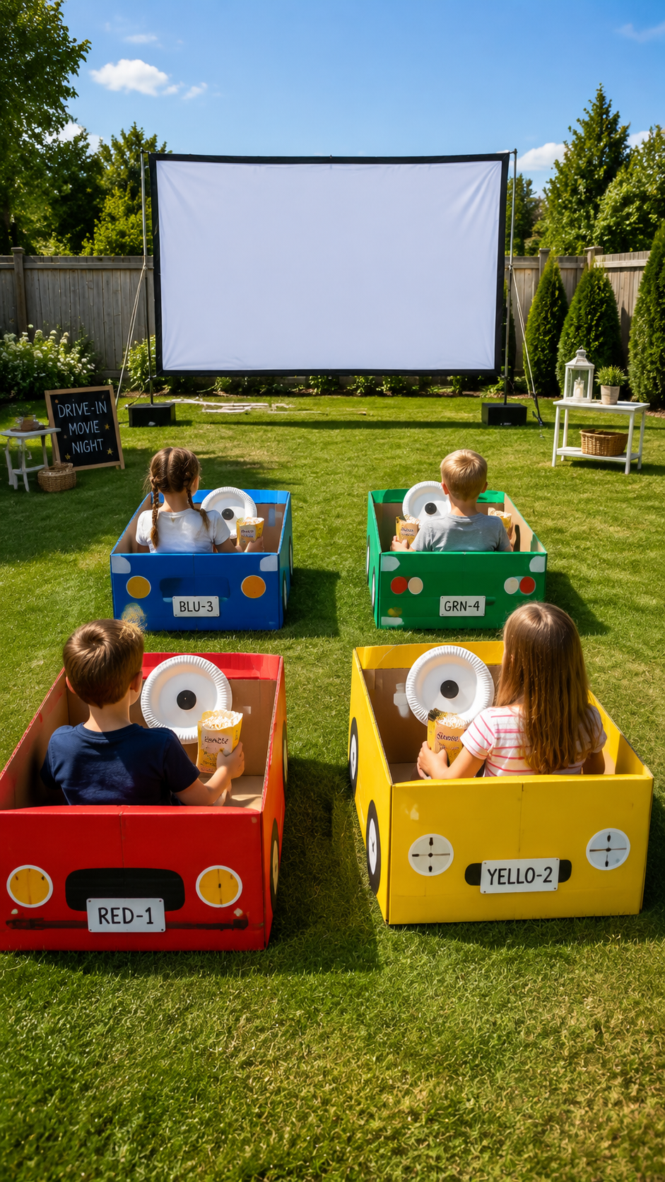 Kids Drive-In Cardboard Box Cars backyard movie night setup ideas