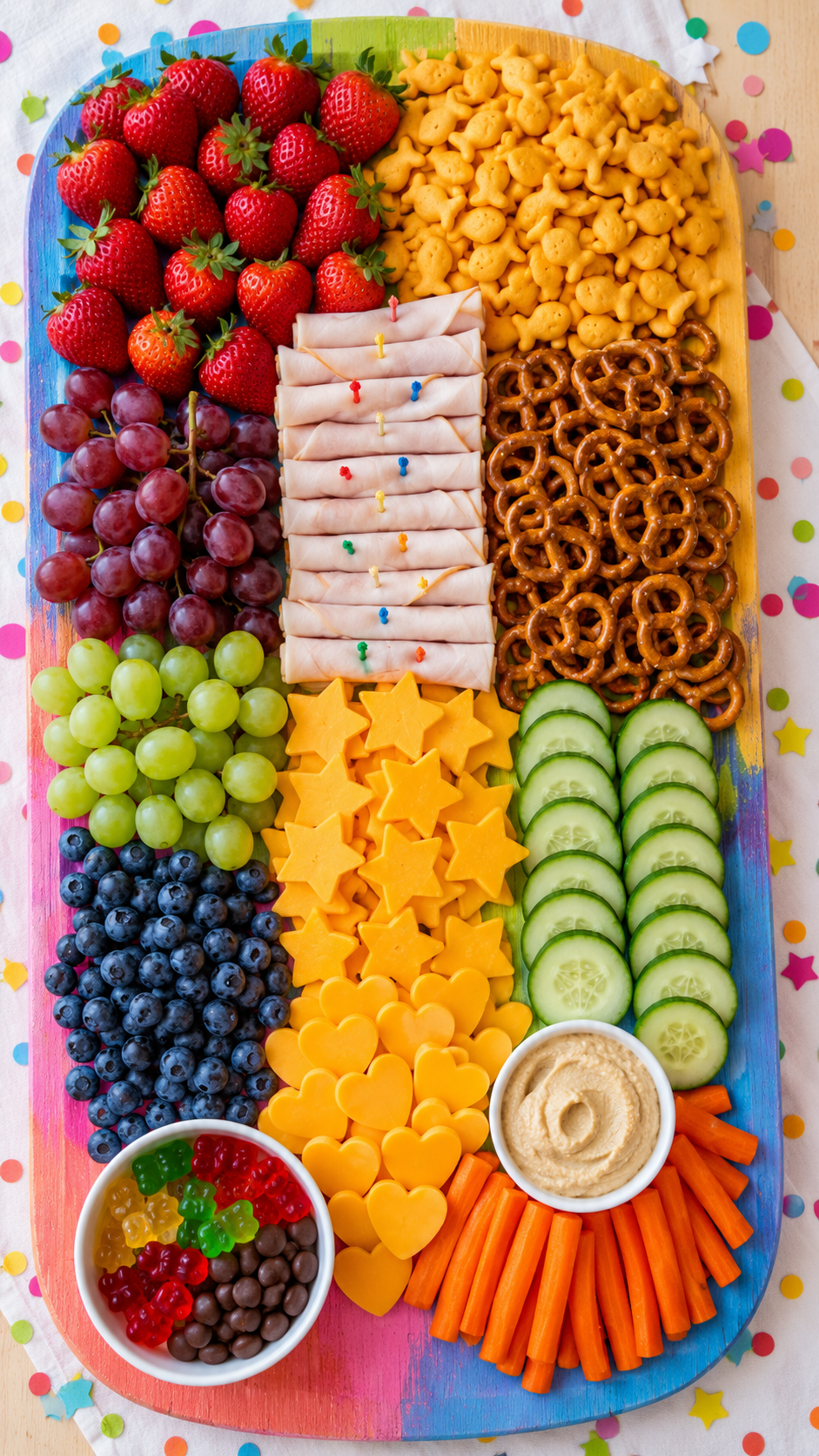 kids-party-grazing-board-cheese-shapes-turkey-grapes-carrots-hummus-goldfish