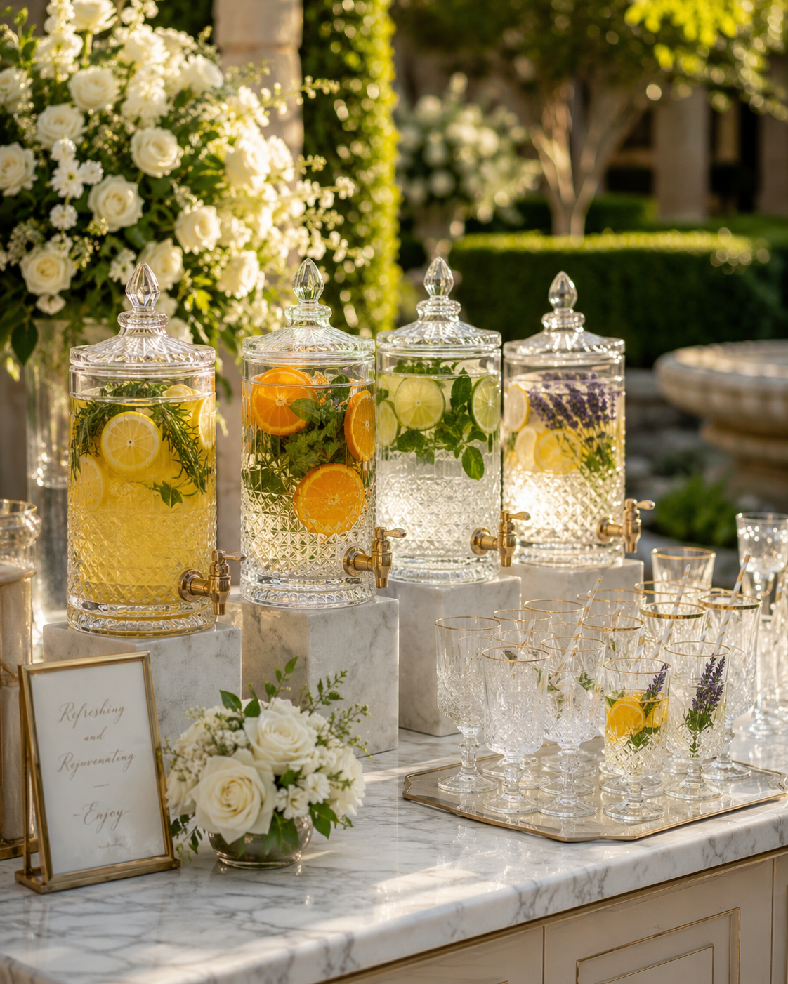 luxury-summer-wedding-citrus-herb-drink-station