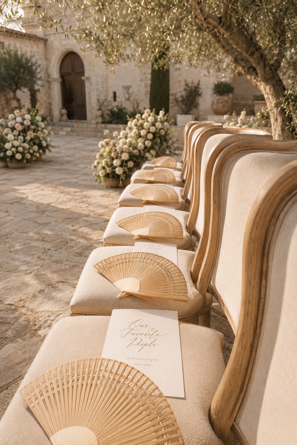 luxury-summer-wedding-hand-fans-ceremony-seating
