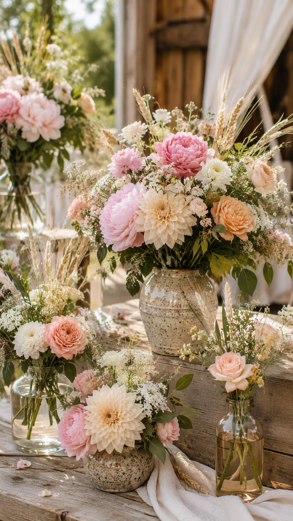 mixed-floral-rustic-wedding-arrangements