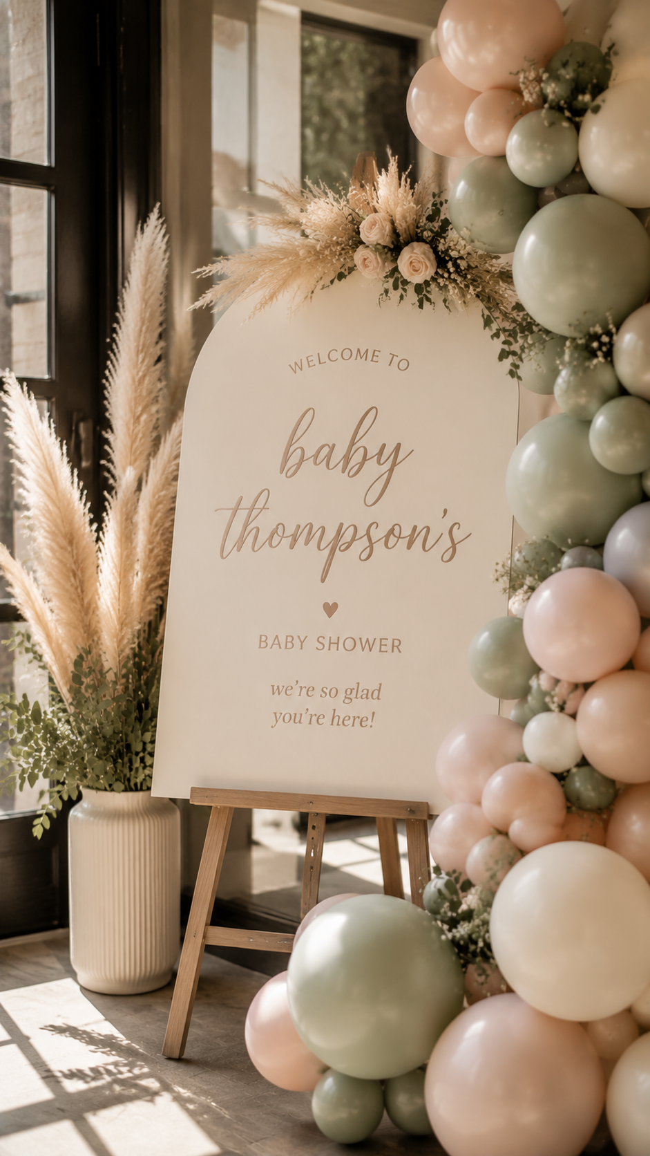 modern baby shower welcome sign on wooden easel at entryway