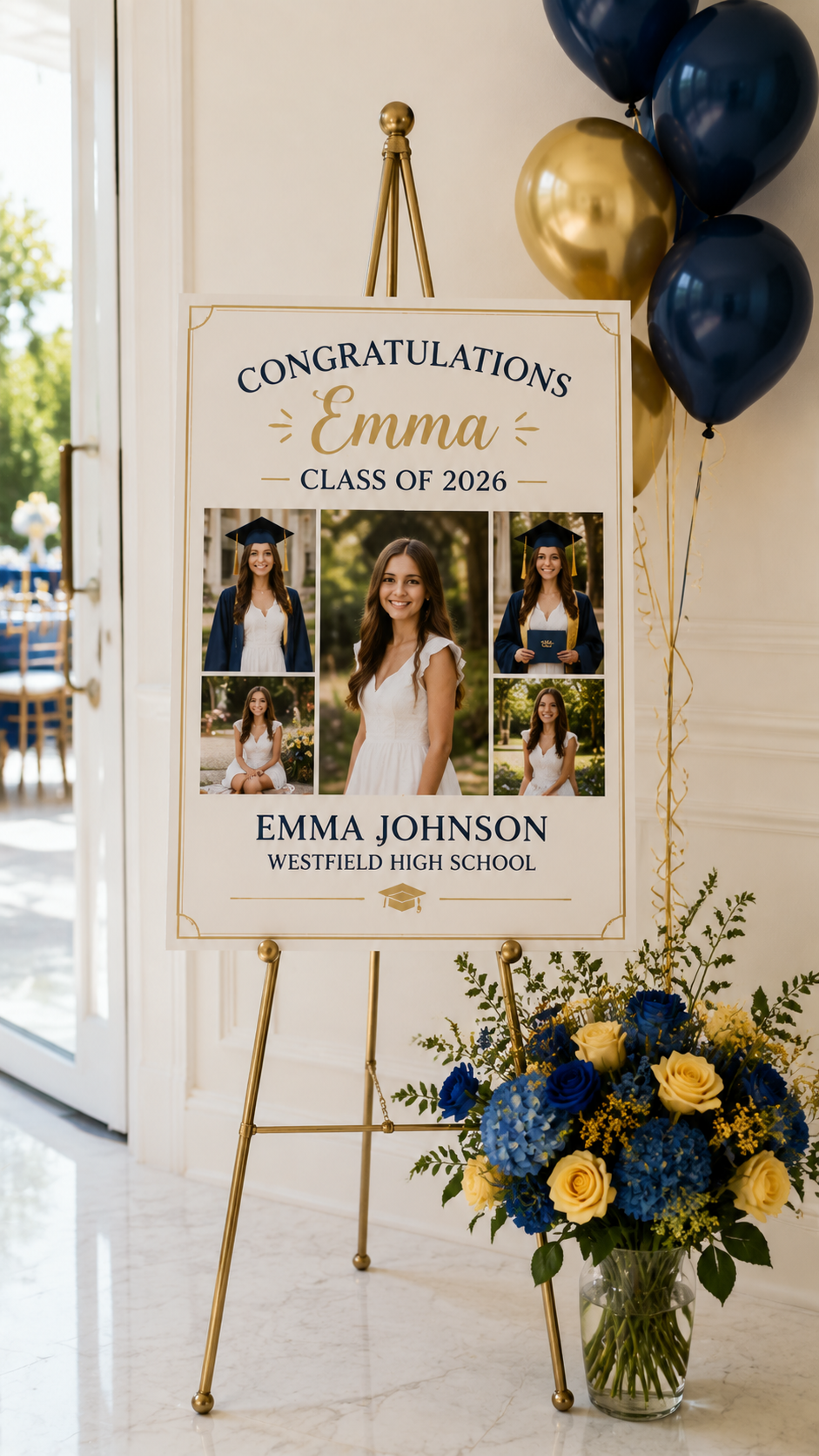 personalized-graduation-welcome-sign-photo-collage-gold-easel-class