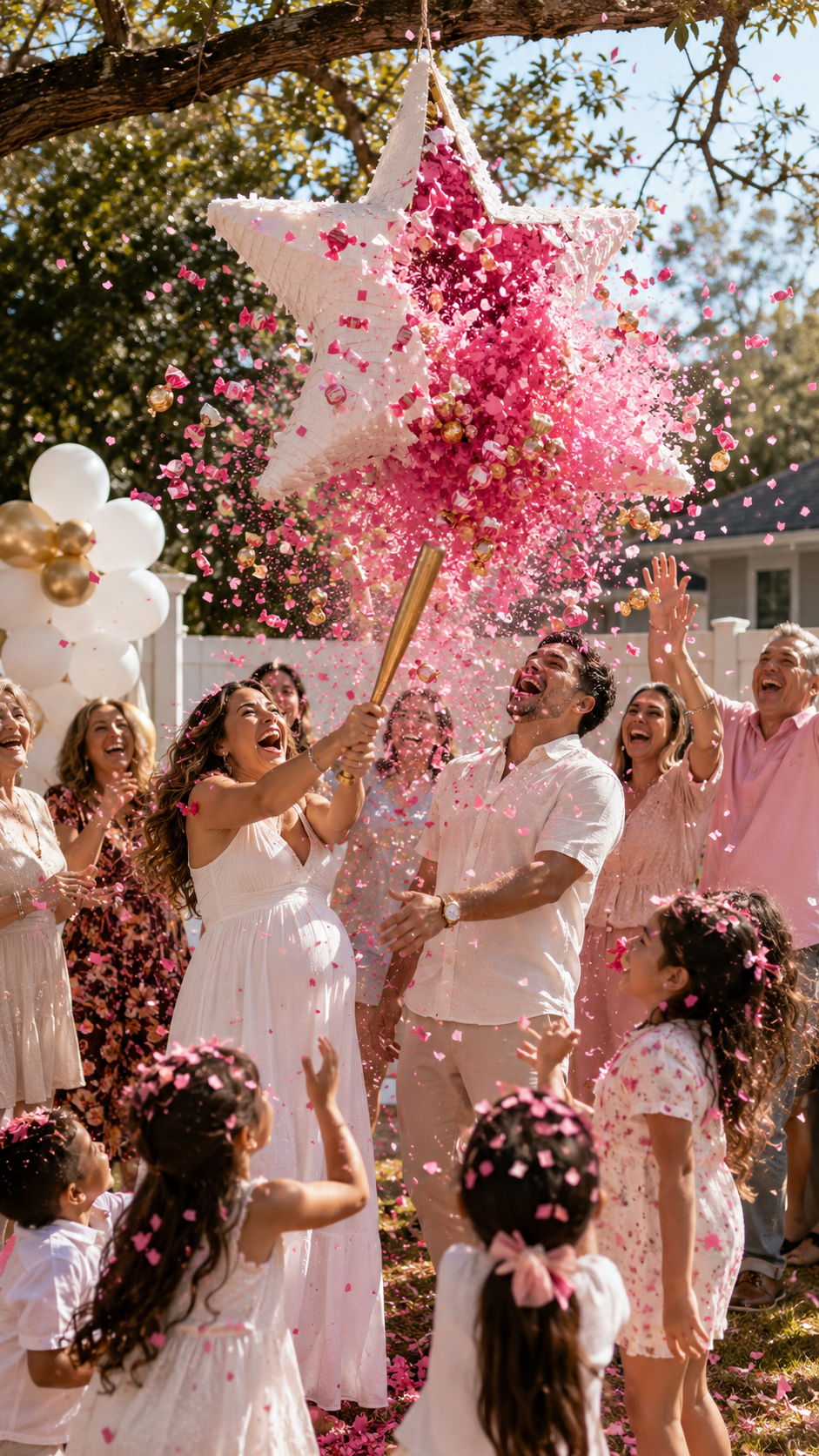 pinata-gender-reveal-pink-confetti-burst-backyard-blindfolded-couple-crowd