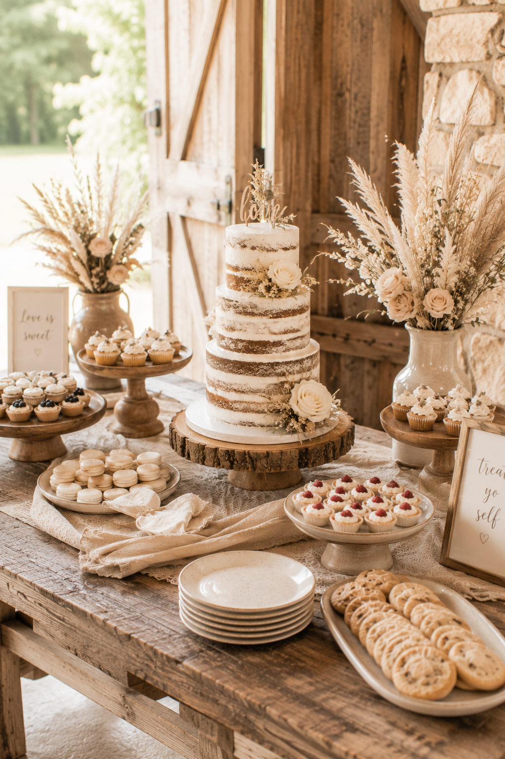 rustic-dessert-table-wood-ceramic-cake