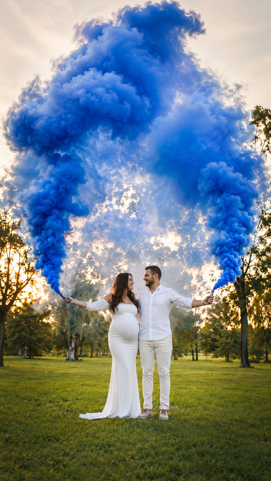 smoke-bomb-gender-reveal-pink-couple-white-outfits-golden-hour-garden