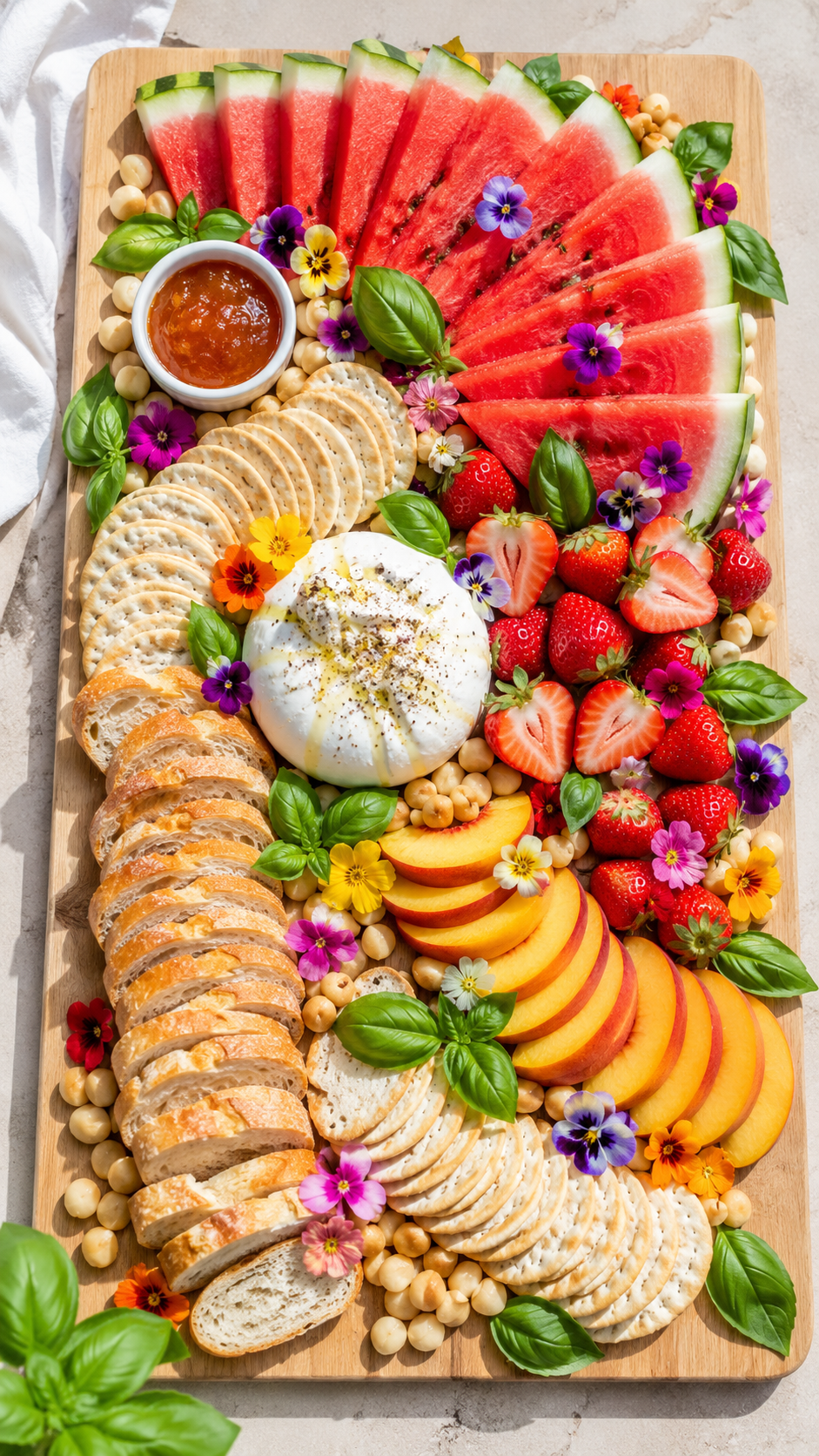 summer-seasonal-grazing-board-watermelon-peaches-strawberries-burrata-basil