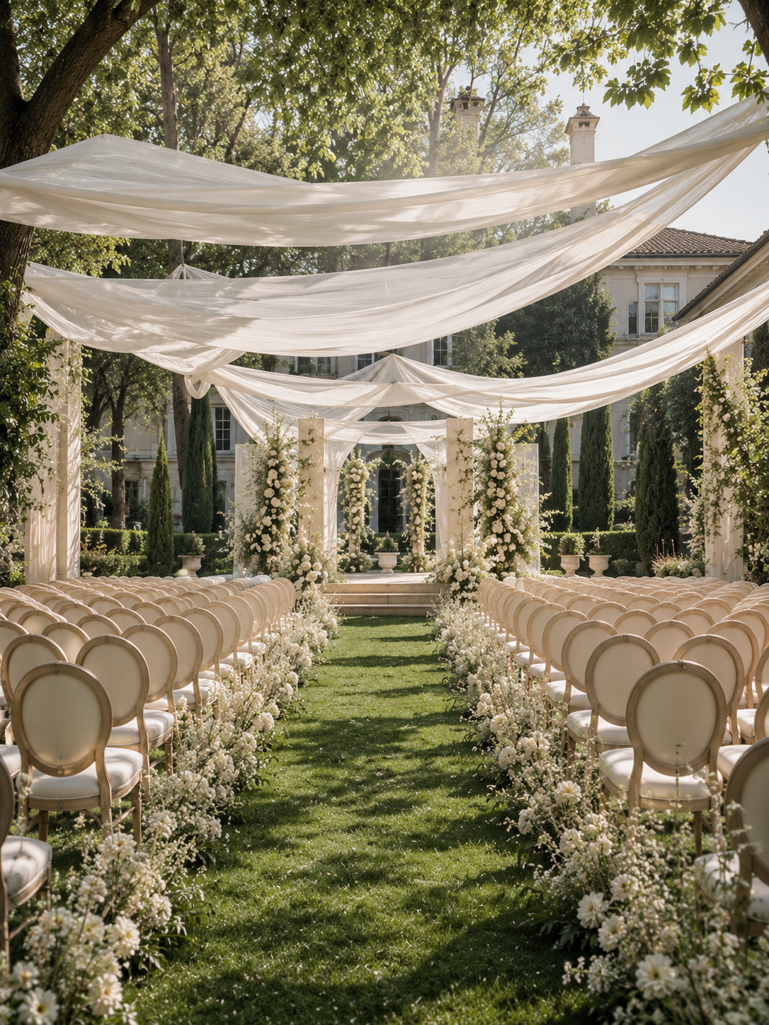 summer-wedding-light-colored-chairs-garden-estate