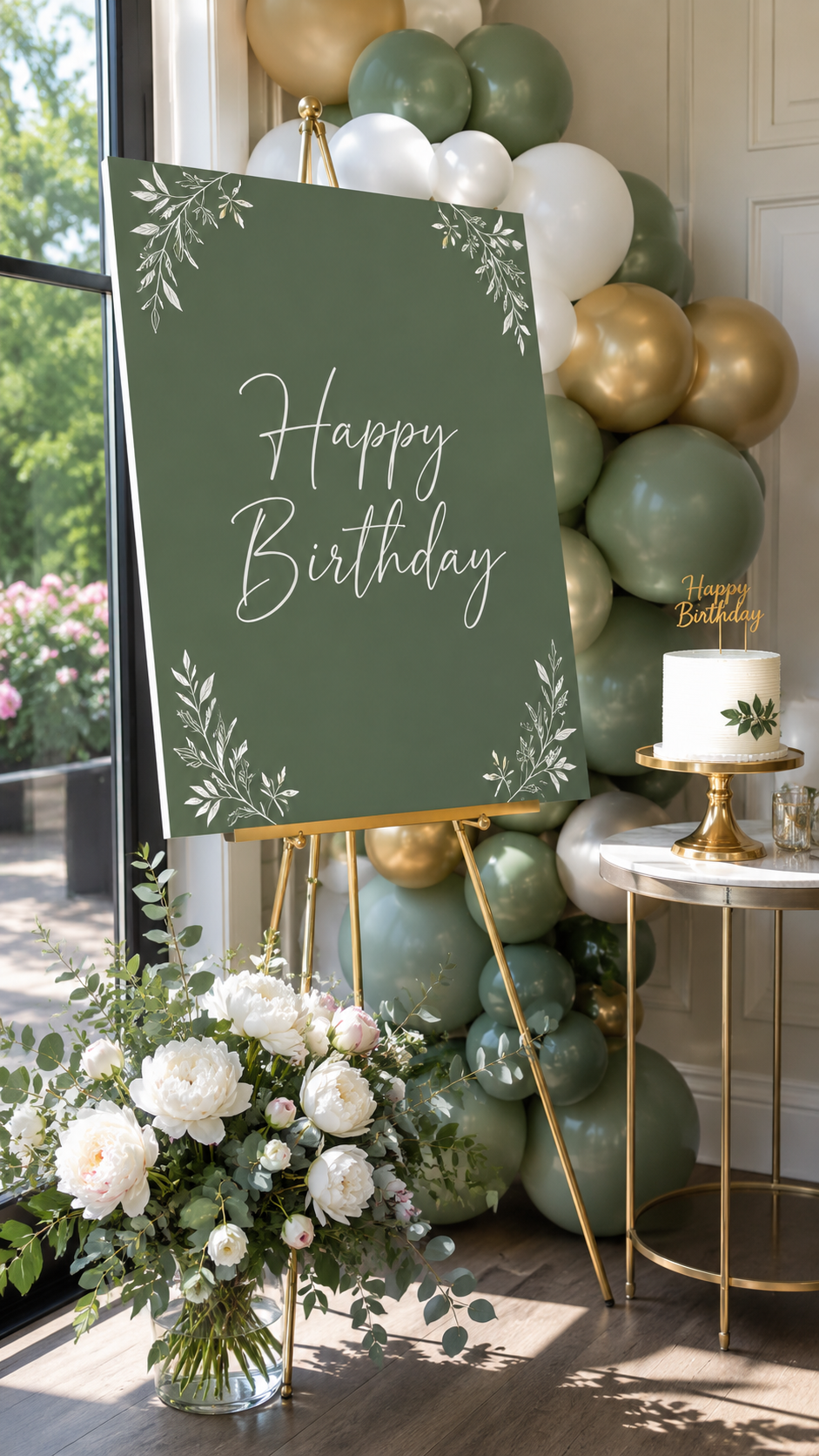 themed-backdrop-board-sage-green-hand-lettered-gold-easel-birthday