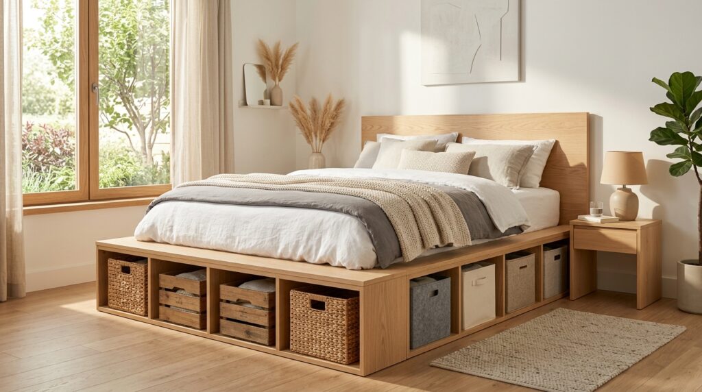 DIY-Raised-Platform-Bed-With-Open-Storage-Slots