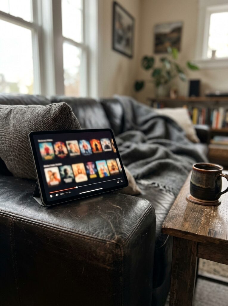 Streaming-Subscription-or-Audiobook-Platform-Tablet_on_couch_armrest.