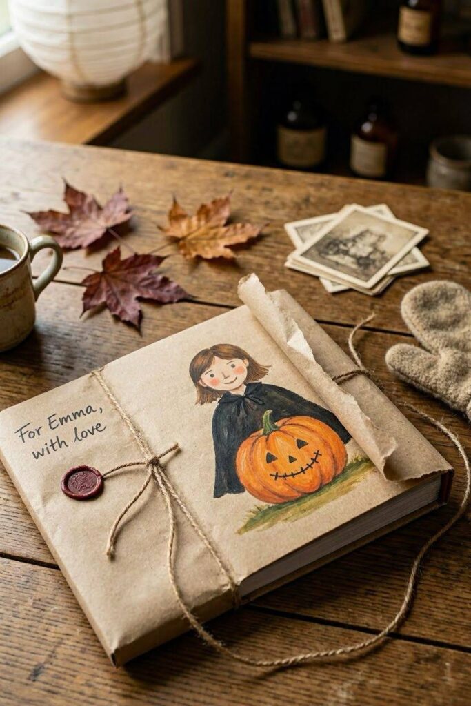 A_Halloween-themed_picture_book_wrapped_in_simple_kraft_paper
