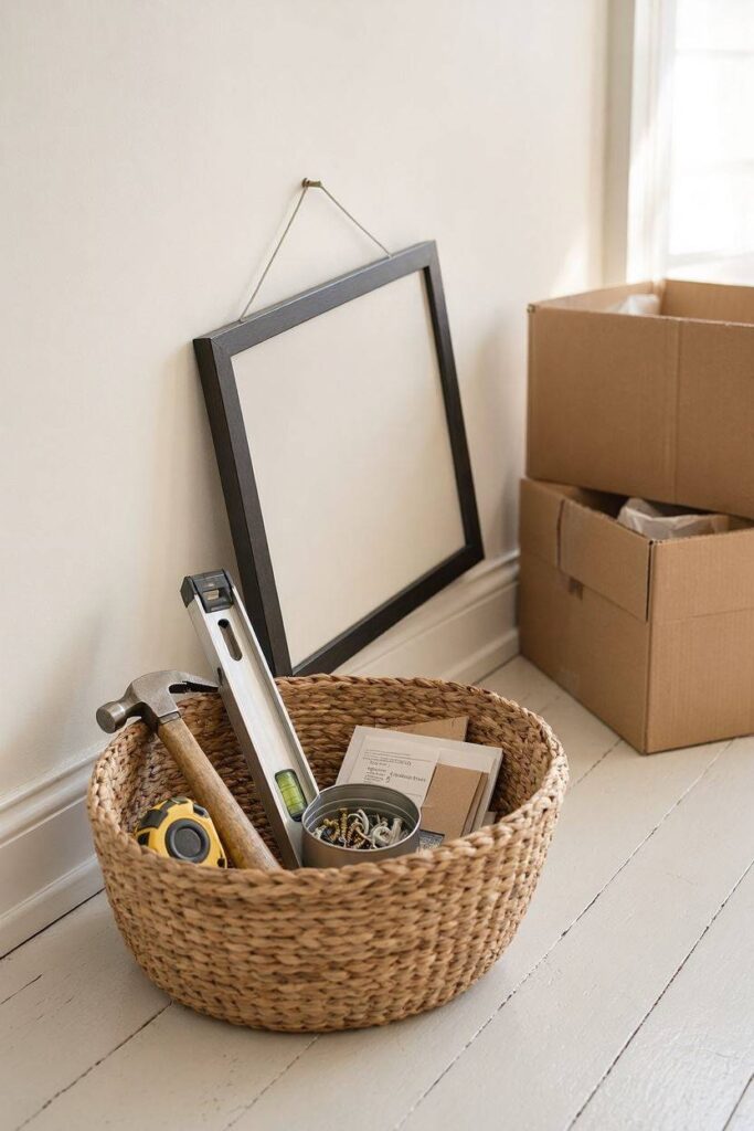 A_basket_holding_a_small_hammer_a_tape_measure_a_level_a_pic.