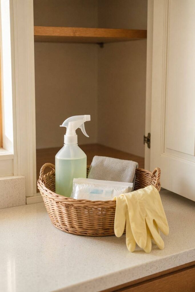 A_basket_with_a_bottle_of_all-purpose_cleaner_a_folded_micro.