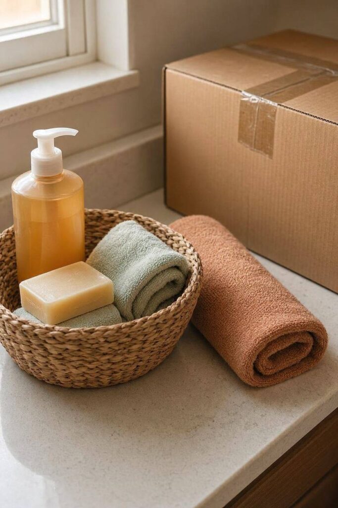 A_basket_with_a_bottle_of_shampoo_a_bar_of_soap_a_folded-towel