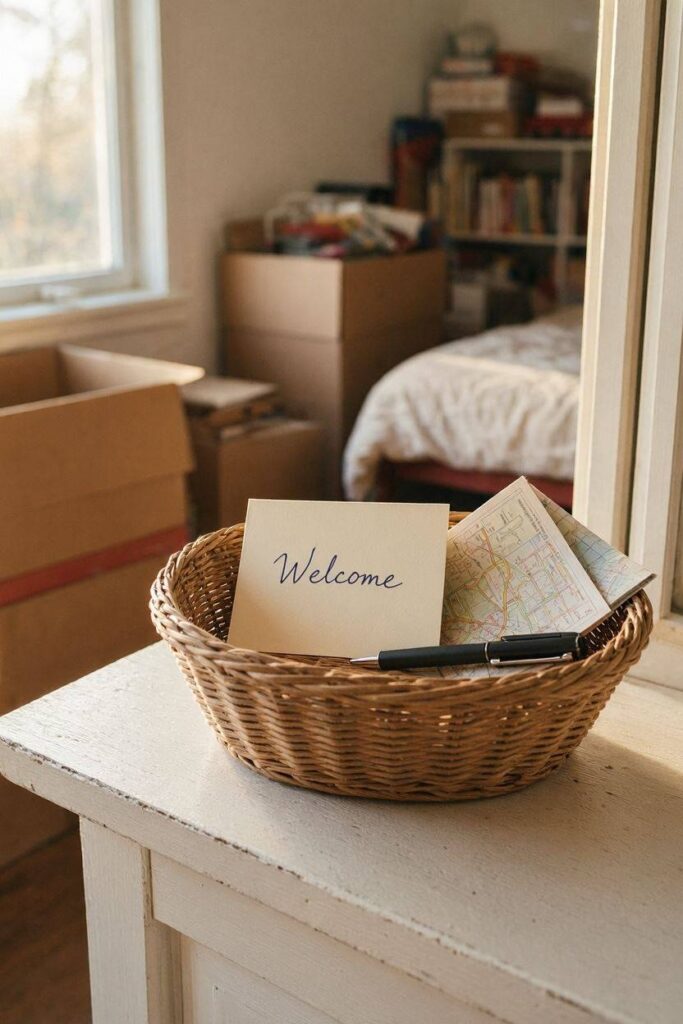 A_basket_with_a_handwritten_note_card_a_small_folded_local-DIY-housewarming-gift-baskets-for-new-neighbors.