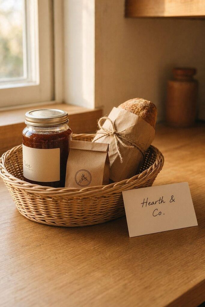 A_basket_with_a_jar_of_local_jam_a_small_loaf_of_bread_wrapped up