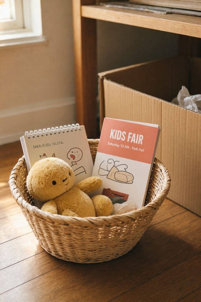 A_basket_with_a_small_activity_book_a_toy_and_a_folded_flyer