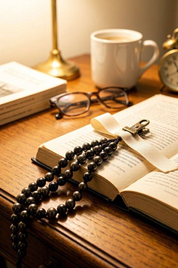 A_beaded_bookmark_tassel_in_dark_beads_against_a_light_ribbon