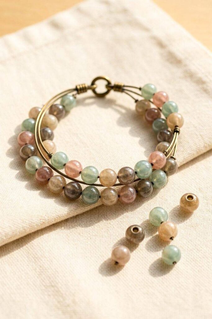 A_coiled_memory-wire_bracelet_strung_with_muted_glass_beads
